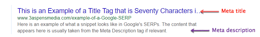 Search Engine Results Pages (SERP) example with meta title on top and meta description below the title. 